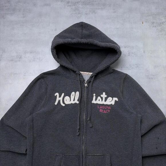 Y2K Grey Hollister Surf Grunge Thermal Zip Up Hoodie - Picture 3 of 7
